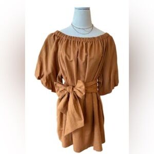 Beulah Style Nolan Camel Linen Mini Dress Lined Pockets Puff Sleeve Size Large
